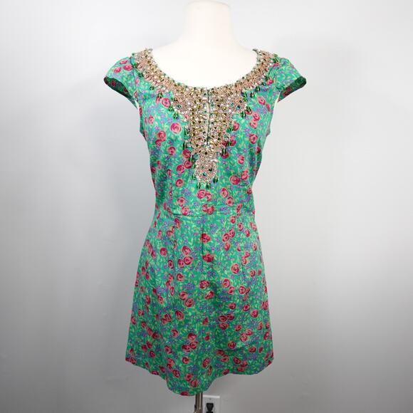 Vintage Plenty by Tracy Reese Green Floral Crystal Beaded Cotton Mini Dress 8 - Picture 3 of 16